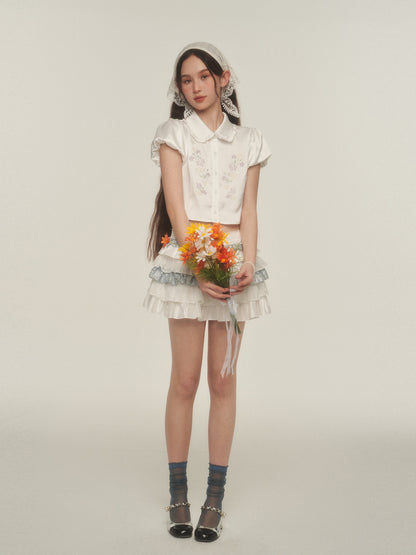 Sheen Floral Embroidered Blouse With Bubble Sleeves