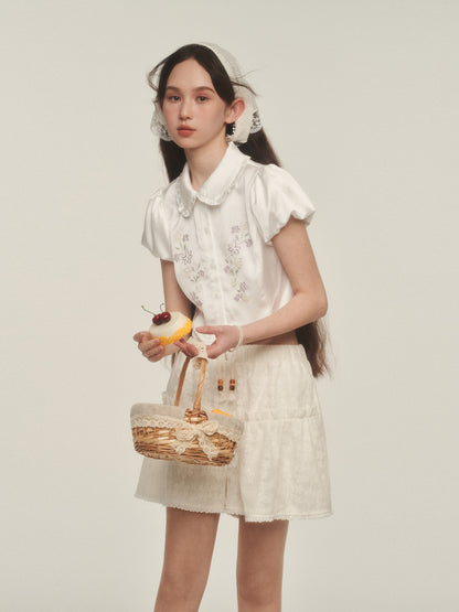 Sheen Floral Embroidered Blouse With Bubble Sleeves