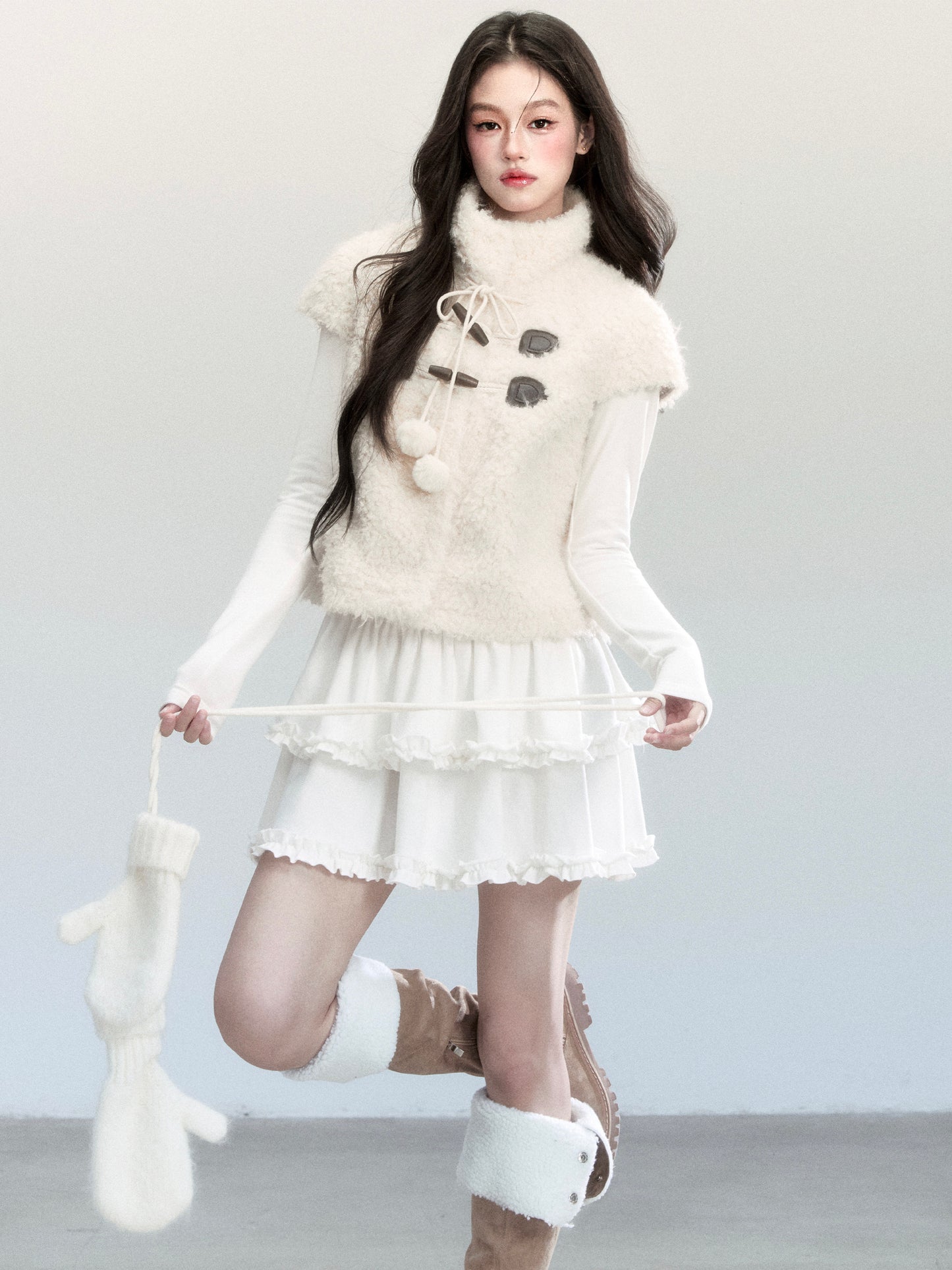 Stand Collar Faux Fur Vest With Short Sleeves