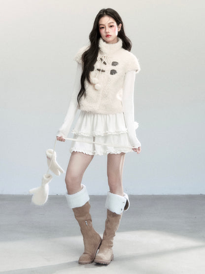 Stand Collar Faux Fur Vest With Short Sleeves