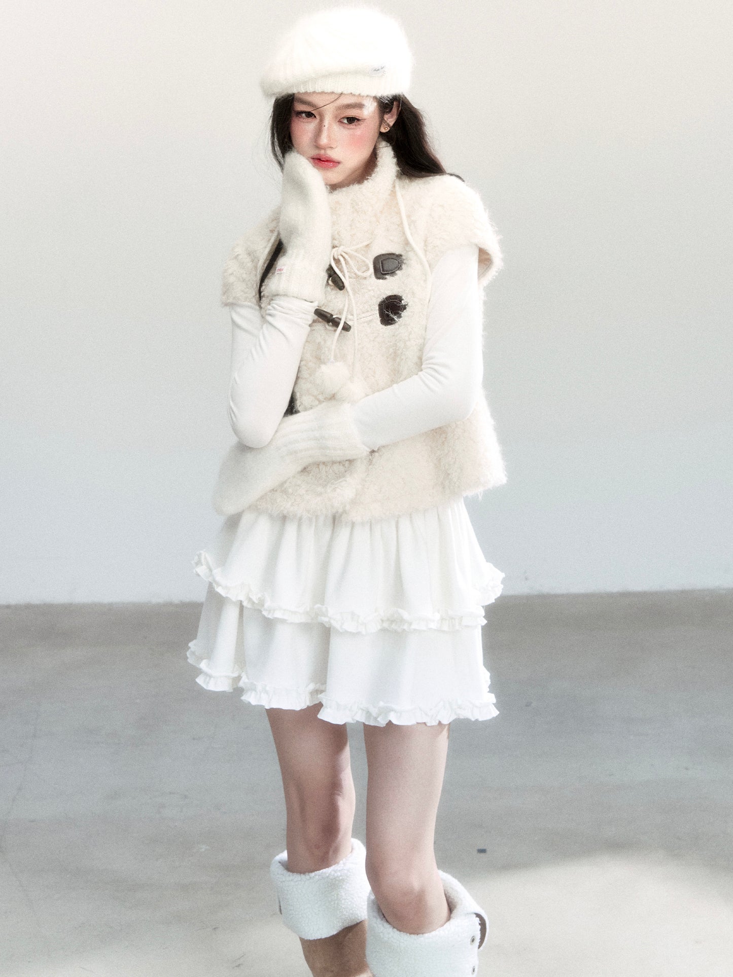 Stand Collar Faux Fur Vest With Short Sleeves