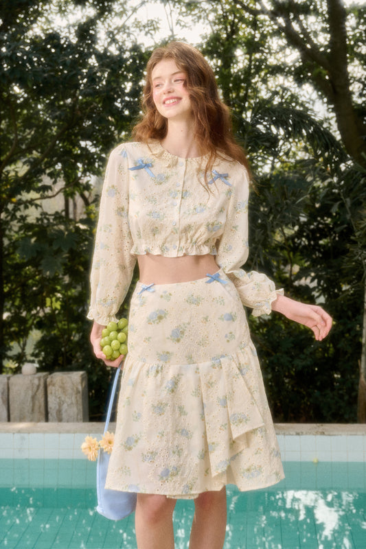 Floral Eyelet Embroidery Cropped Blouse And Skirt With Bows