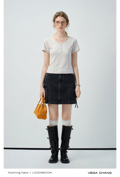 Contrast-Stitched Henley Neck T-Shirt