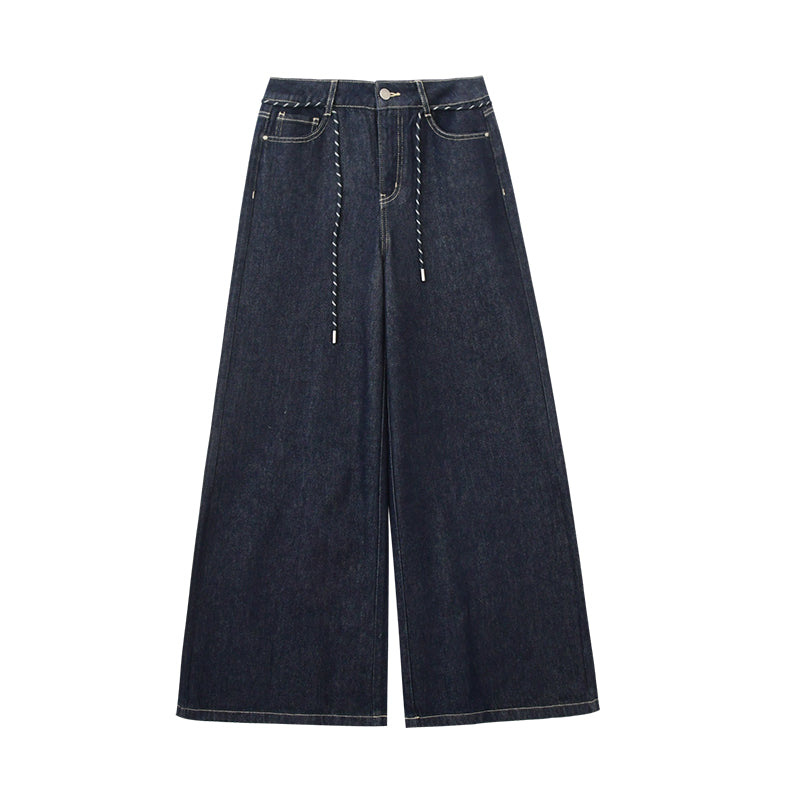 High Waist Wide-Leg Denim Pants With Rope Tie Belt