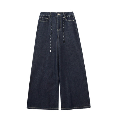 High Waist Wide-Leg Denim Pants With Rope Tie Belt
