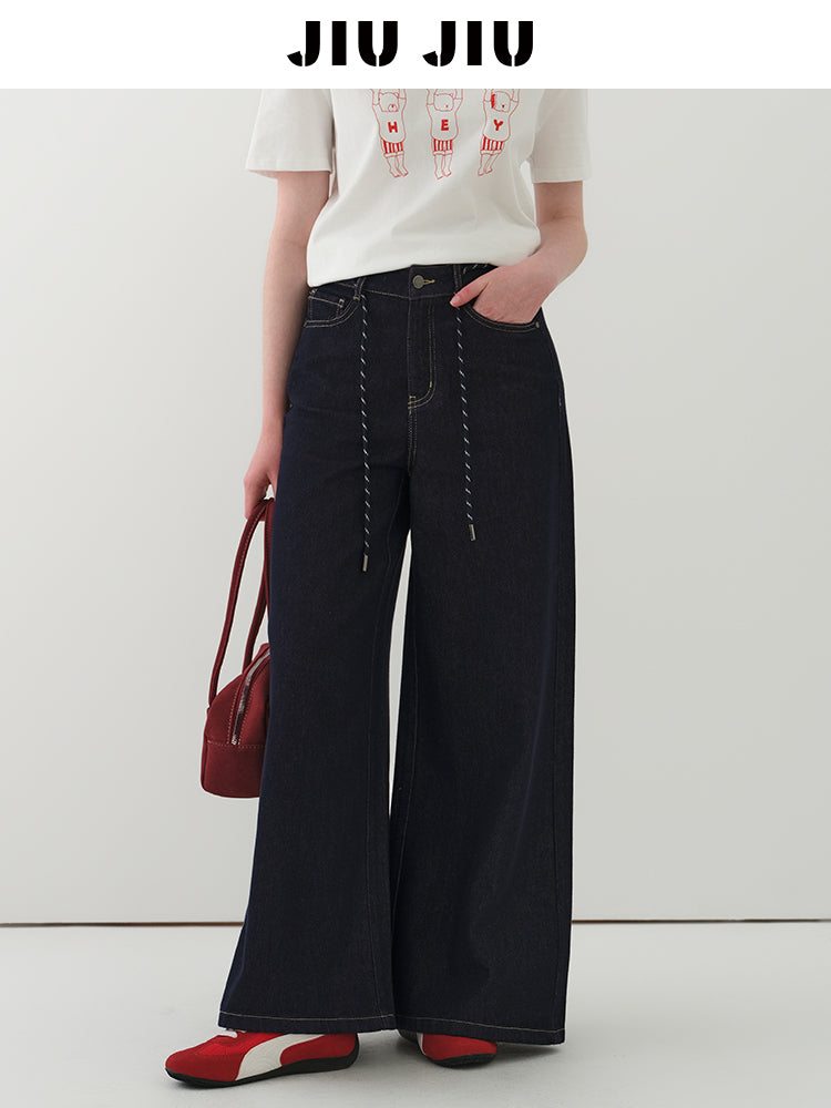High Waist Wide-Leg Denim Pants With Rope Tie Belt