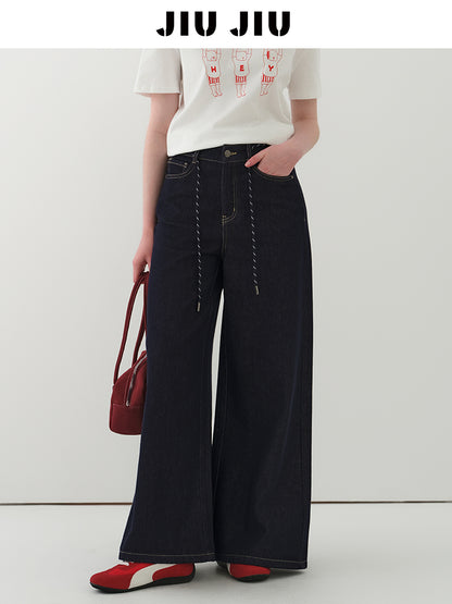 High Waist Wide-Leg Denim Pants With Rope Tie Belt