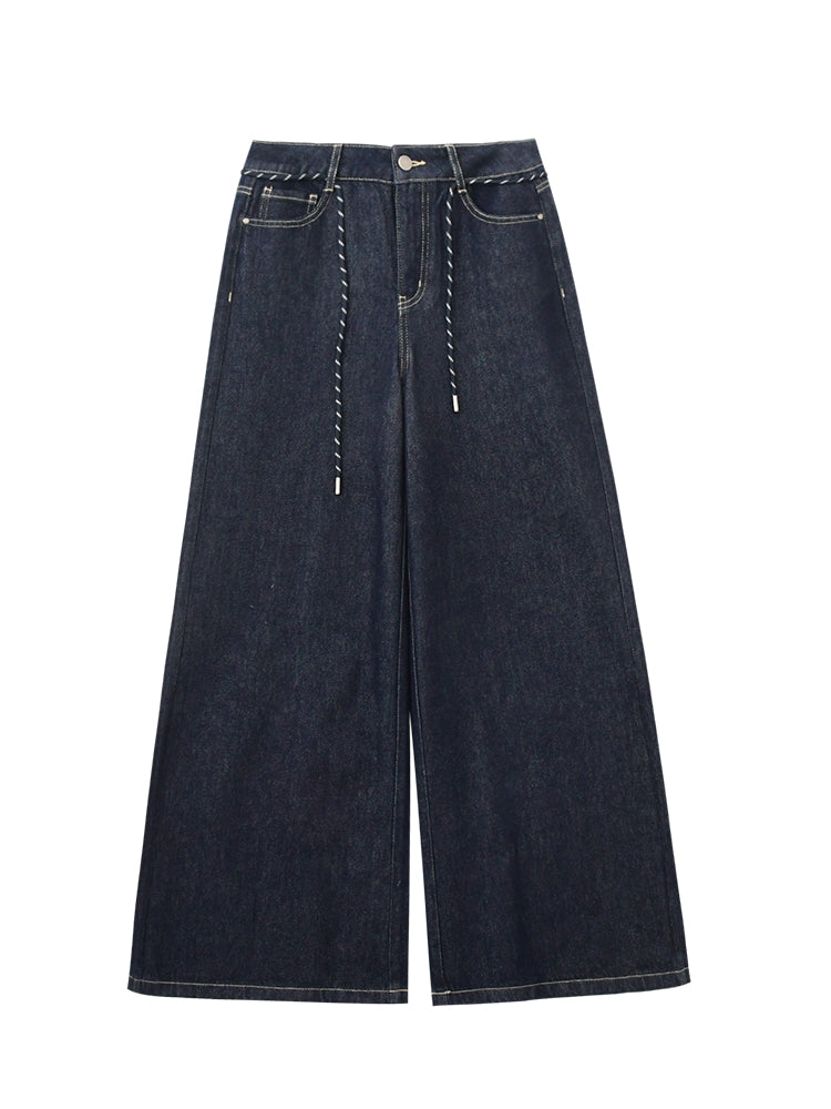 High Waist Wide-Leg Denim Pants With Rope Tie Belt