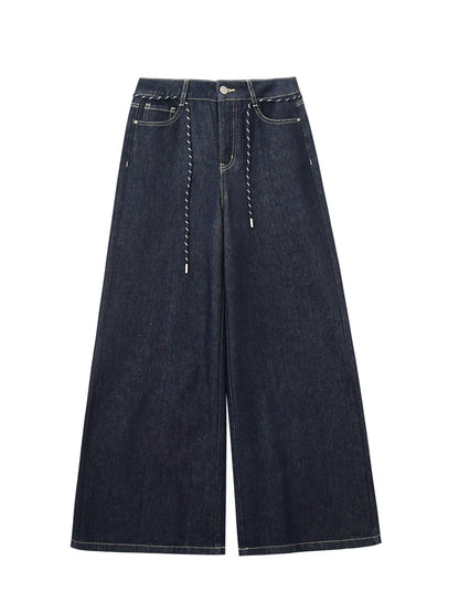 High Waist Wide-Leg Denim Pants With Rope Tie Belt