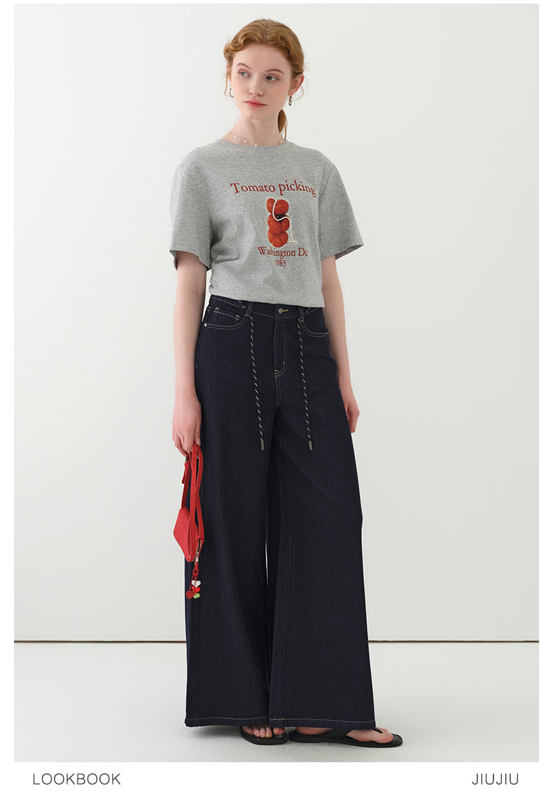 High Waist Wide-Leg Denim Pants With Rope Tie Belt
