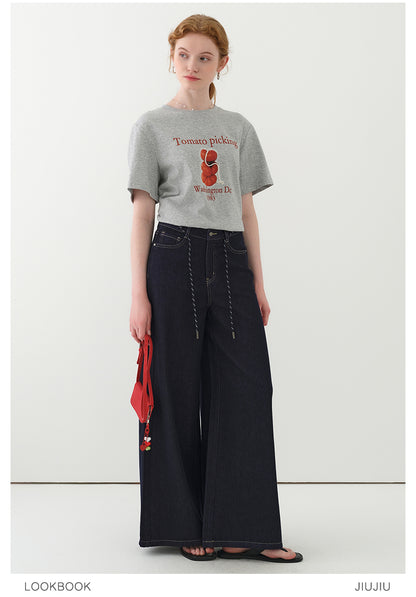High Waist Wide-Leg Denim Pants With Rope Tie Belt