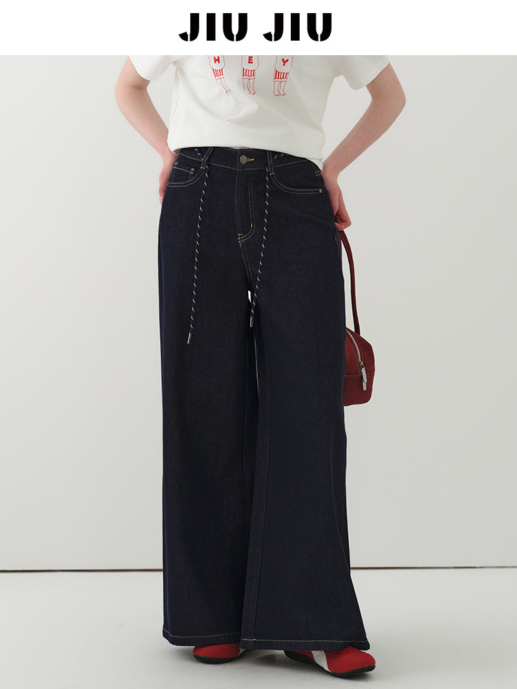 High Waist Wide-Leg Denim Pants With Rope Tie Belt
