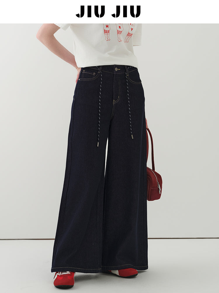 High Waist Wide-Leg Denim Pants With Rope Tie Belt