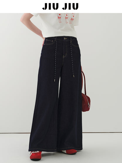 High Waist Wide-Leg Denim Pants With Rope Tie Belt