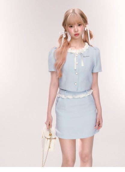 Puff-Sleeve Ruffled Button-Up Blouse And Skirt