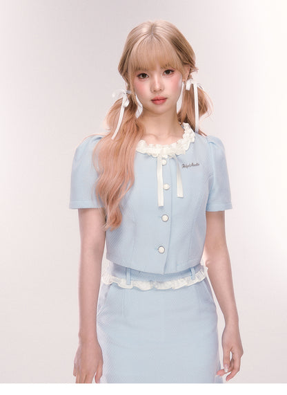 Puff-Sleeve Ruffled Button-Up Blouse And Skirt
