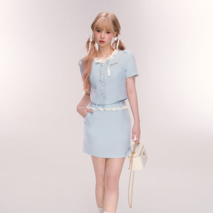 Puff-Sleeve Ruffled Button-Up Blouse And Skirt