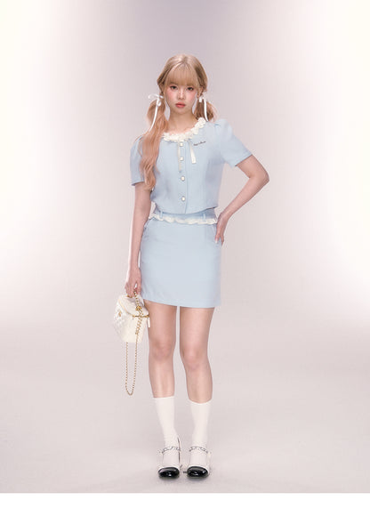 Puff-Sleeve Ruffled Button-Up Blouse And Skirt