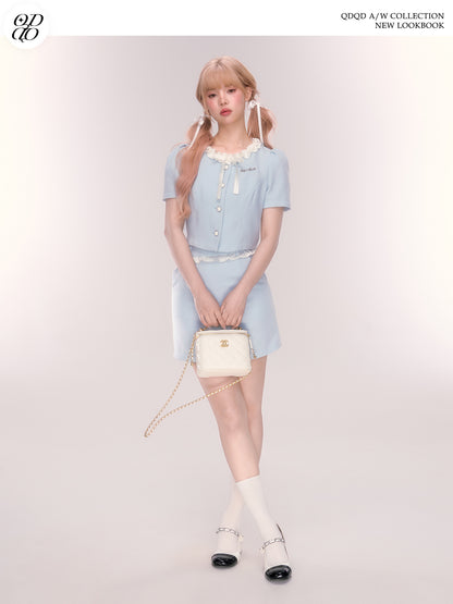 Puff-Sleeve Ruffled Button-Up Blouse And Skirt