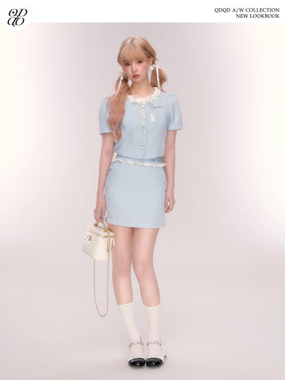 Puff-Sleeve Ruffled Button-Up Blouse And Skirt