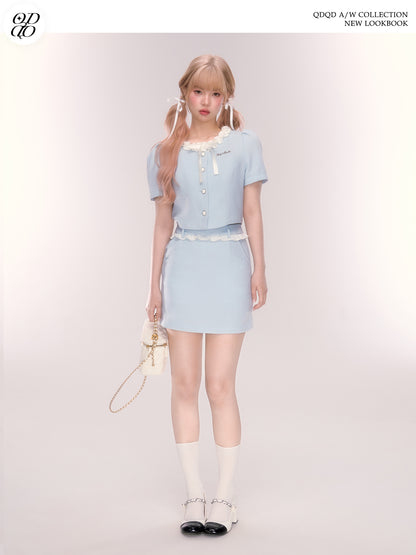Puff-Sleeve Ruffled Button-Up Blouse And Skirt