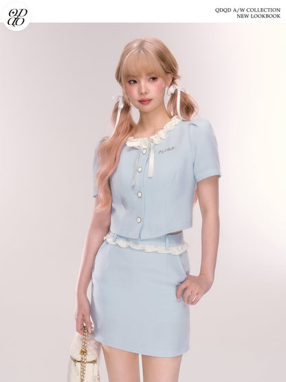 Puff-Sleeve Ruffled Button-Up Blouse And Skirt
