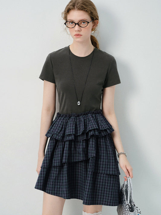Faux Two-Piece Plaid Tiered Dress