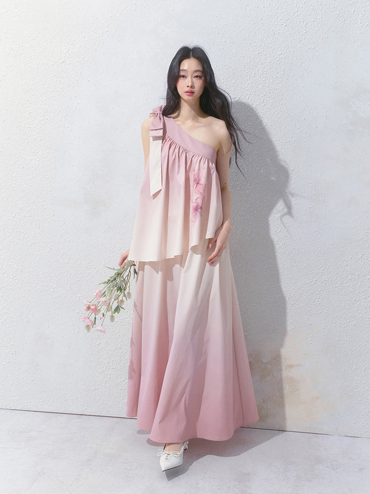 One-Shoulder Floral Gradient Dress