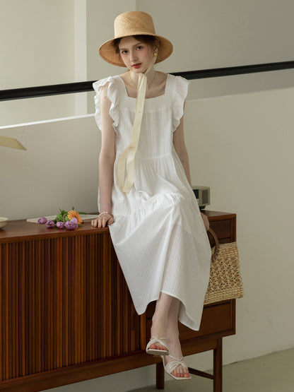 Smocked Tiered Striped Dress With Flutter Sleeves