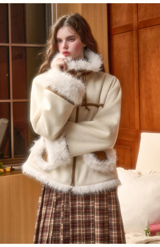 Faux Fur Trim Contrast Zip-Up Jacket