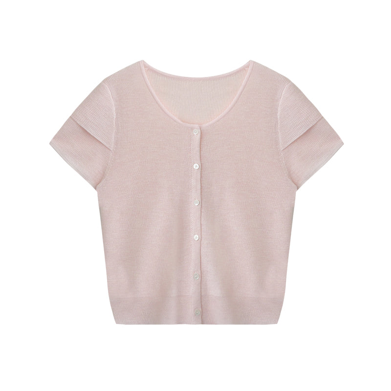 Double-Sleeve Sheer Knit Button-Up Top