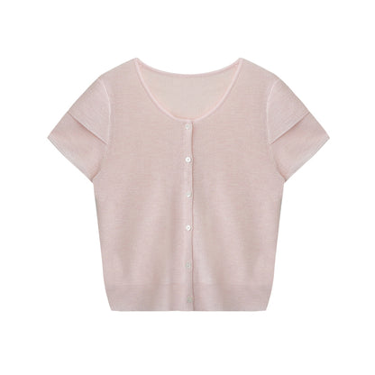 Double-Sleeve Sheer Knit Button-Up Top