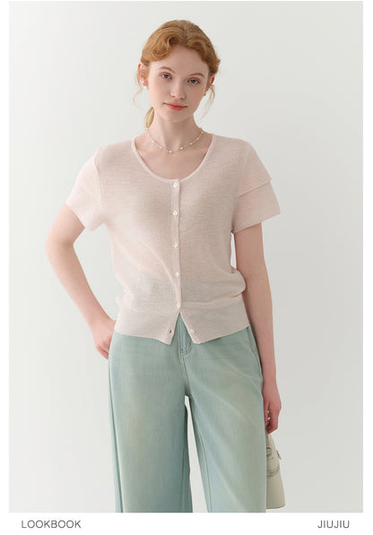 Double-Sleeve Sheer Knit Button-Up Top