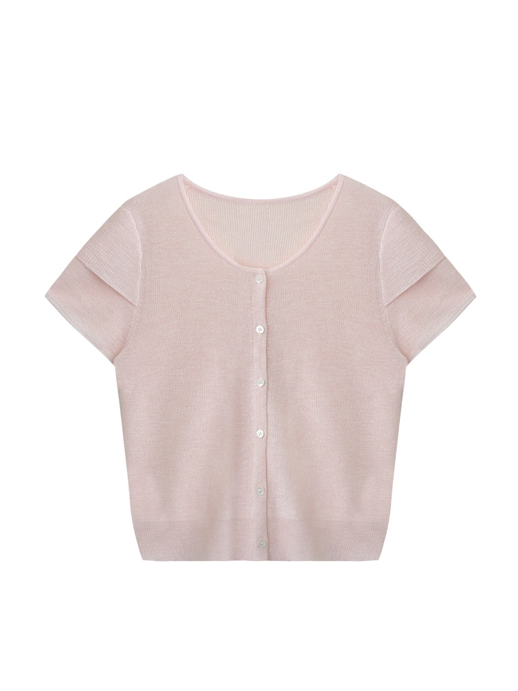 Double-Sleeve Sheer Knit Button-Up Top