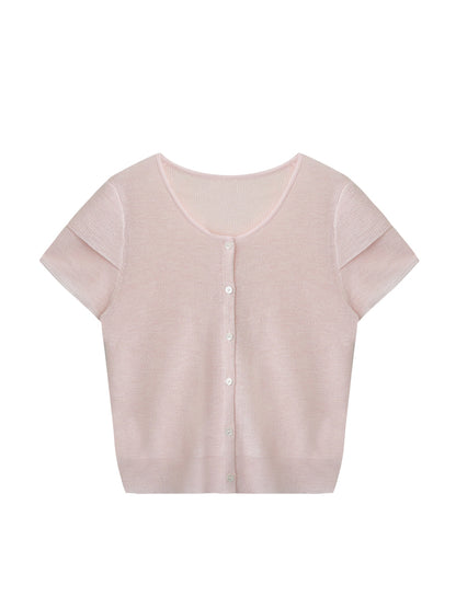 Double-Sleeve Sheer Knit Button-Up Top