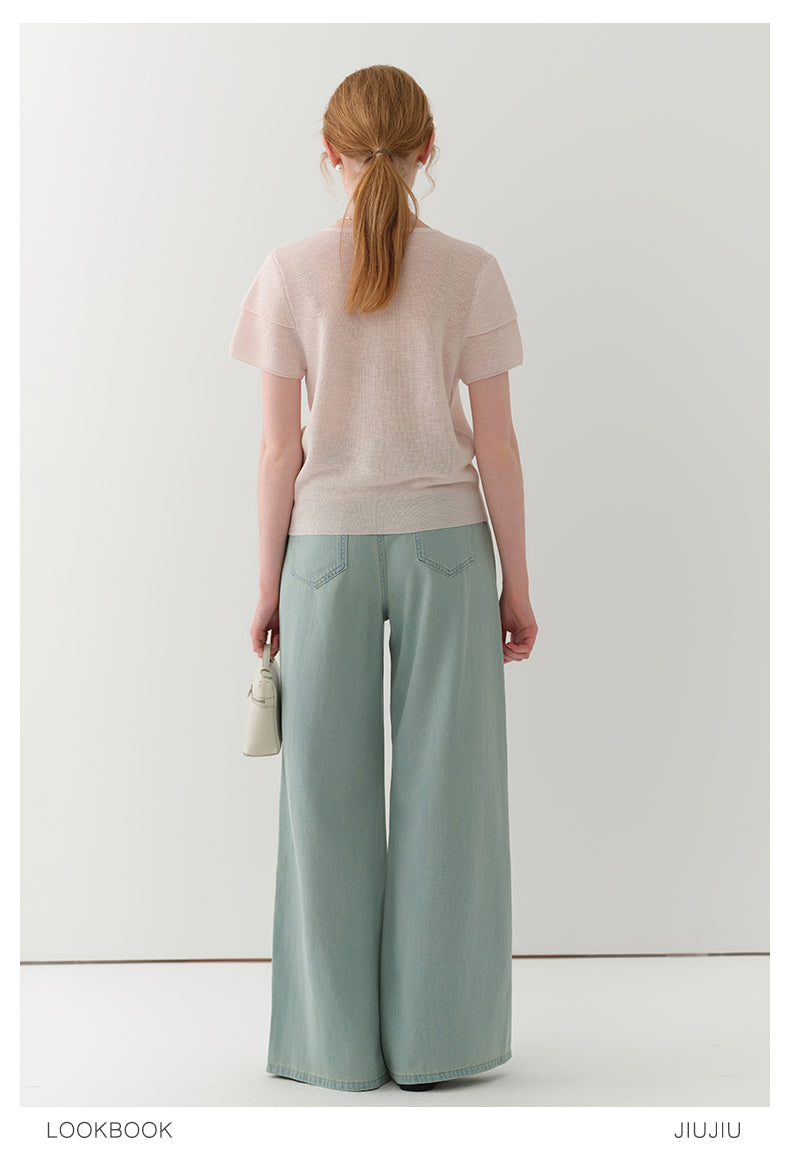 Double-Sleeve Sheer Knit Button-Up Top
