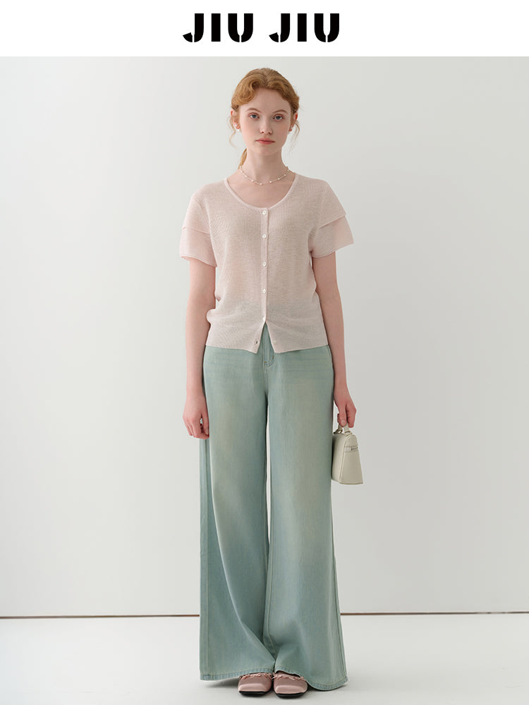 Double-Sleeve Sheer Knit Button-Up Top