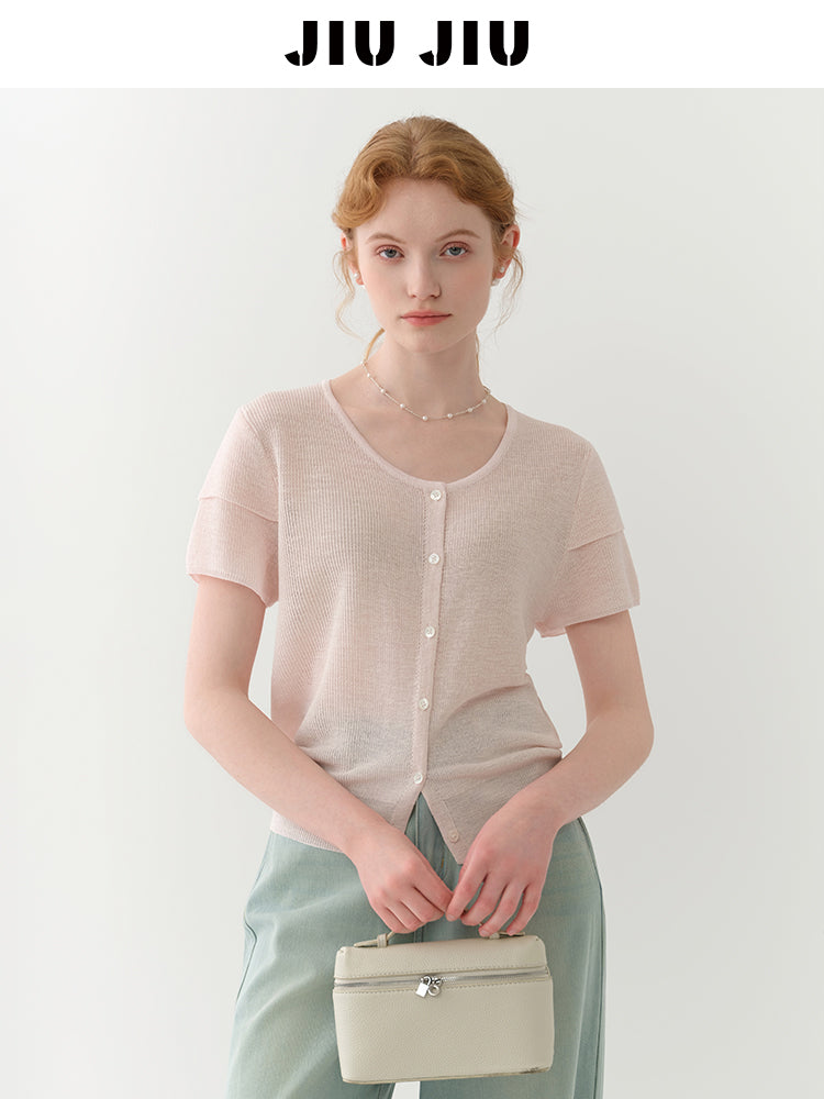 Double-Sleeve Sheer Knit Button-Up Top