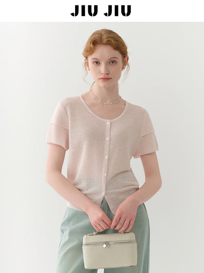 Double-Sleeve Sheer Knit Button-Up Top