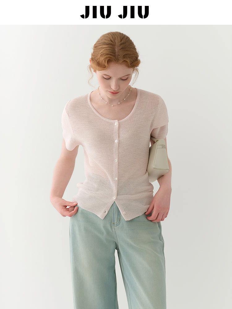 Double-Sleeve Sheer Knit Button-Up Top