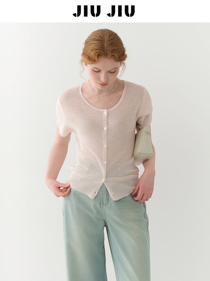 Double-Sleeve Sheer Knit Button-Up Top