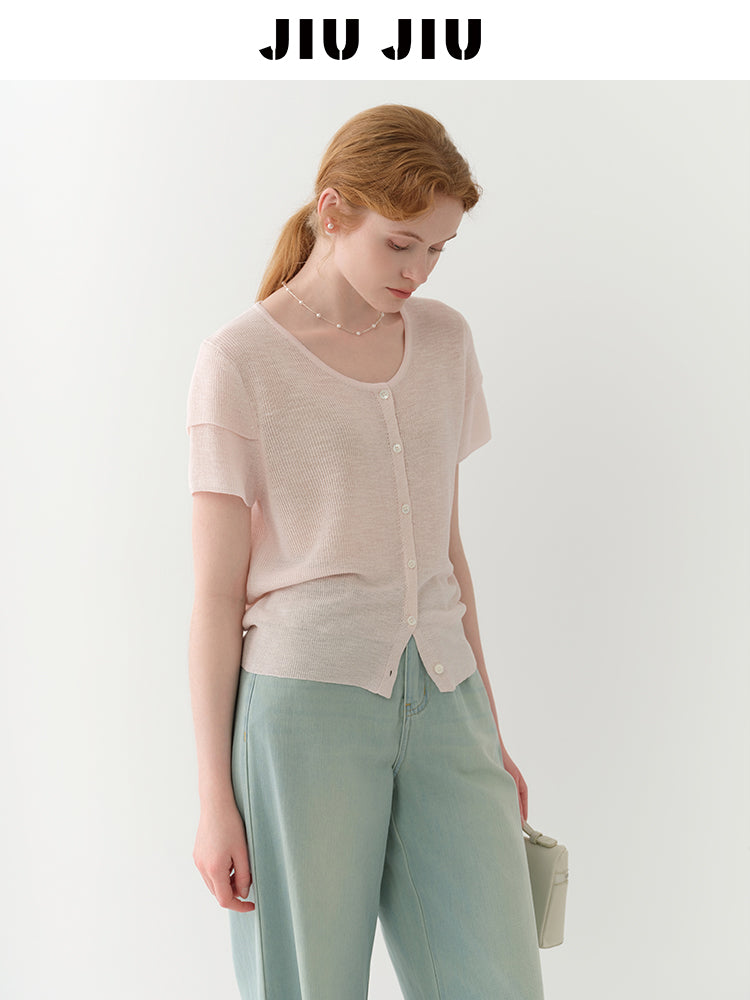 Double-Sleeve Sheer Knit Button-Up Top