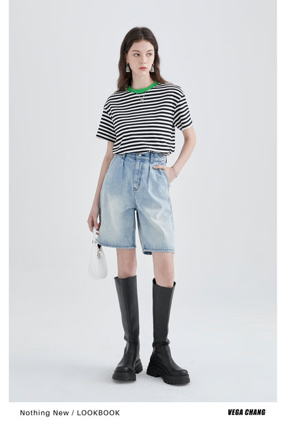 Striped Cotton T-Shirt With Contrast Neckline