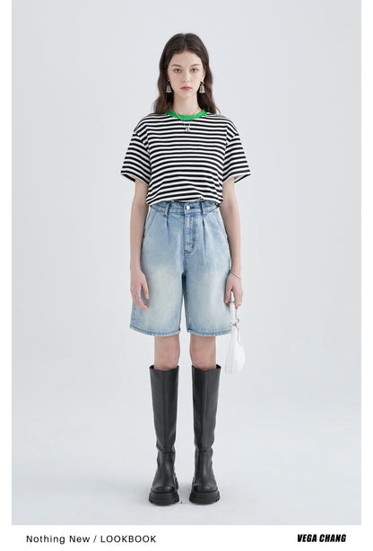 Striped Cotton T-Shirt With Contrast Neckline