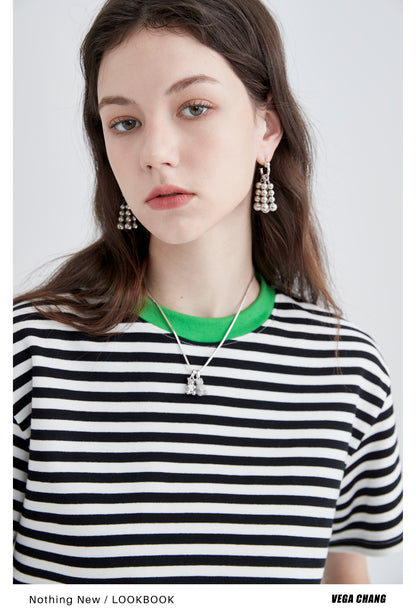 Striped Cotton T-Shirt With Contrast Neckline