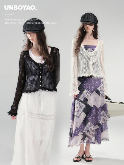 Mesh Knit Cotton Blend Cardigan