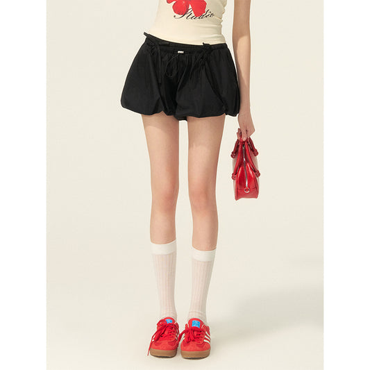 Drawstring Cotton Mini Bubble Skirt With Bow Accent
