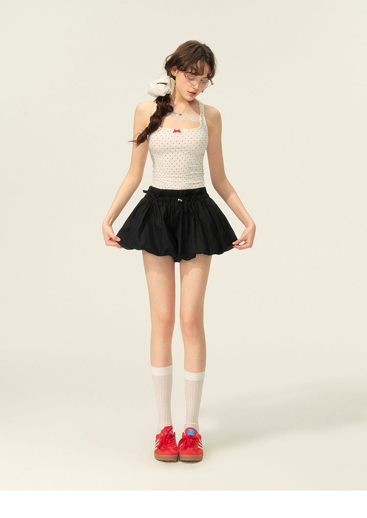 Drawstring Cotton Mini Bubble Skirt With Bow Accent