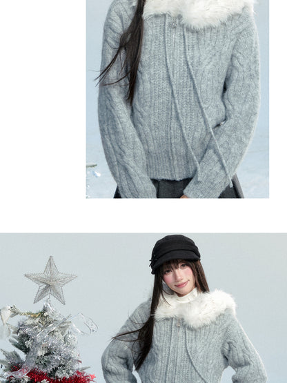 Cable-Knit Hoodie With Faux Fur Trim