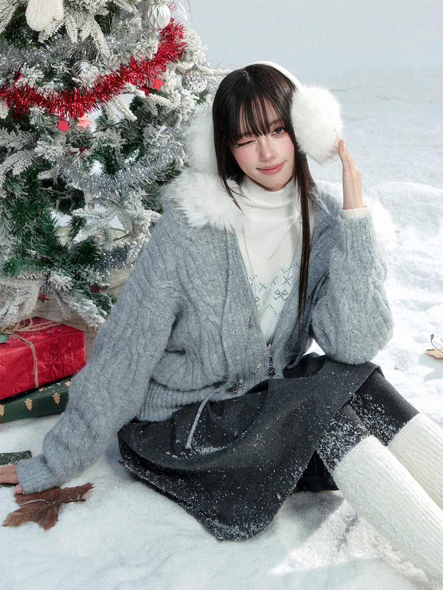 Cable-Knit Hoodie With Faux Fur Trim